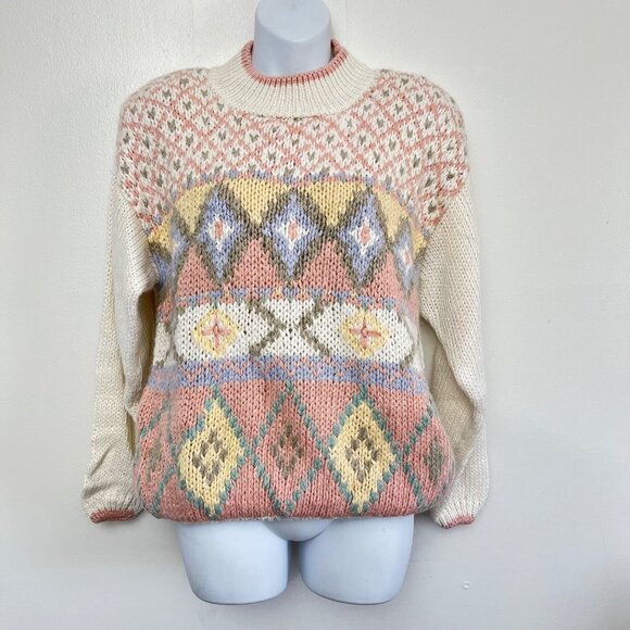 Vintage Allison Brittney‎ Knit Sweater Pastel Diamond Pattern Size Large - Picture 1 of 7
